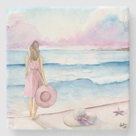 Waterverf aan de kust uniek stenen onderzetter (Voorkant)