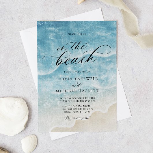 Waterverf Aan het Strand Elegante Script Bruiloft Kaart