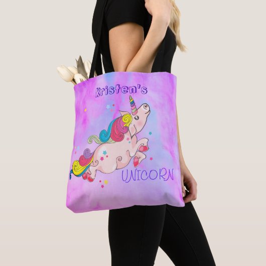 Waterverf aangepaste tekst/regenboogkawaii Unicorn Tote Bag (Dichtbij)