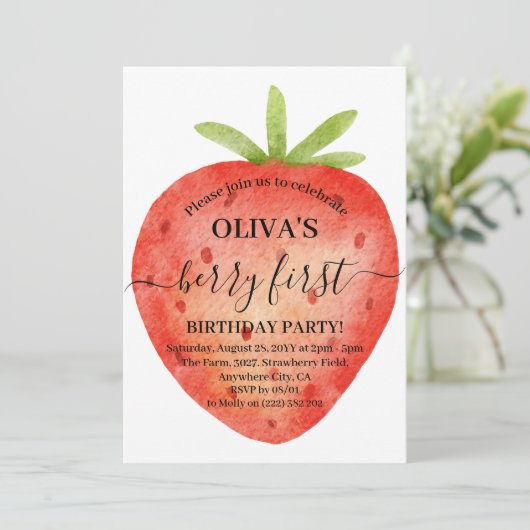 Waterverf aardbei 1e verjaardag kaart (Staand voorkant)