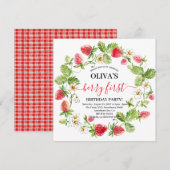 Waterverf aardbei 1e verjaardag uitnodiging (Voorkant / Achterkant)