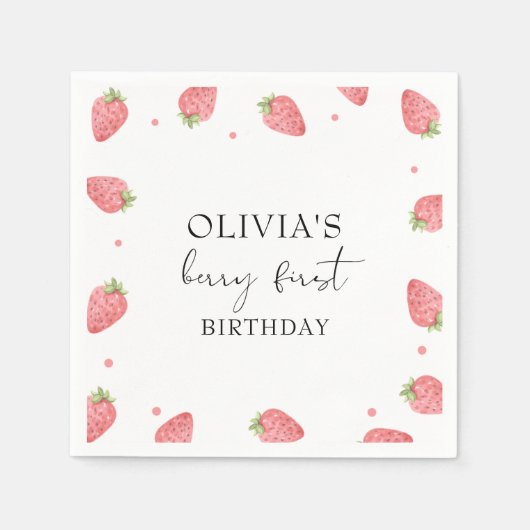 Waterverf Aardbei 1e Verjaardagsfeestje Berry Servet (Voorkant)