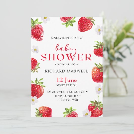 Waterverf Aardbei Baby shower Invitation Kaart (Staand voorkant)