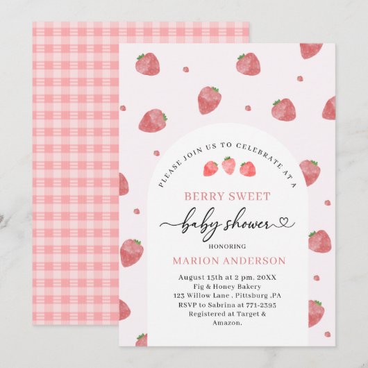 Waterverf Aardbei Baby shower Invitation Kaart (Voorkant / Achterkant)
