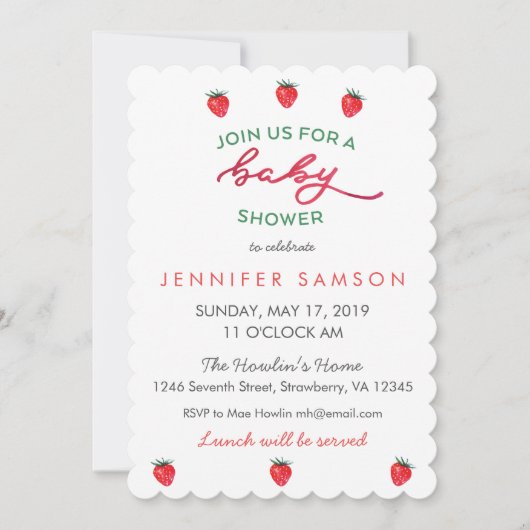 Waterverf Aardbei Baby shower Uitnodigen Kaart (Voorkant)