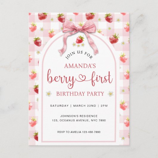 Waterverf Aardbei Berry Eerste 1e verjaardag Briefkaart (Voorkant)