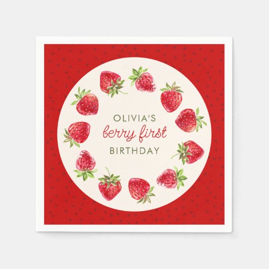 Waterverf Aardbei Berry Eerste 1e verjaardag Servet (Voorkant)