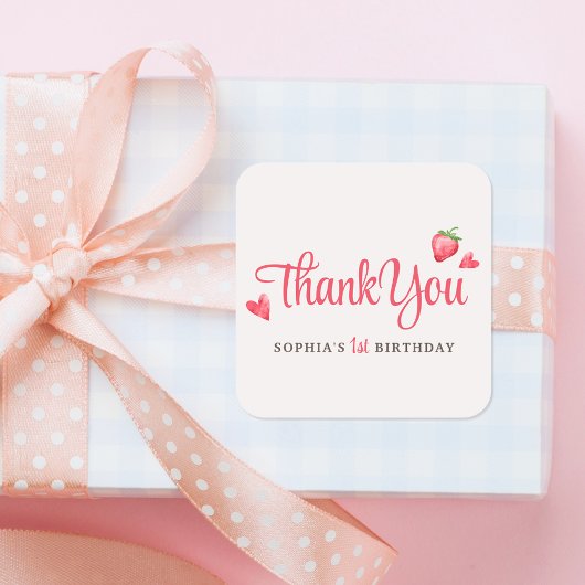 Waterverf Aardbei Berry Eerste Verjaardag Favoriet Vierkante Sticker
