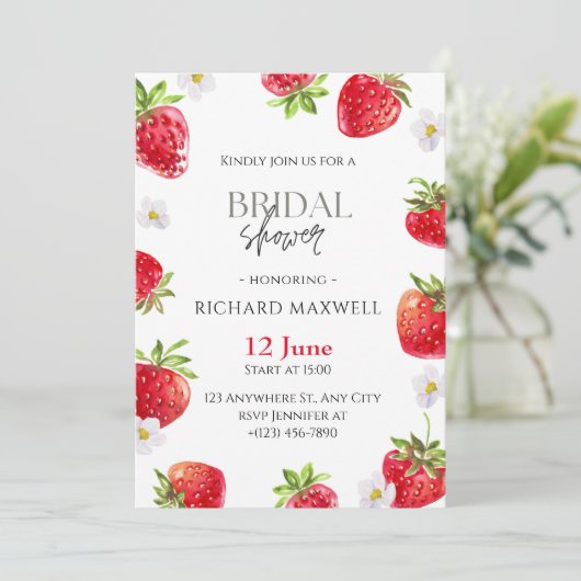 Waterverf Aardbei Bruids Douche Invitation Kaart (Staand voorkant)
