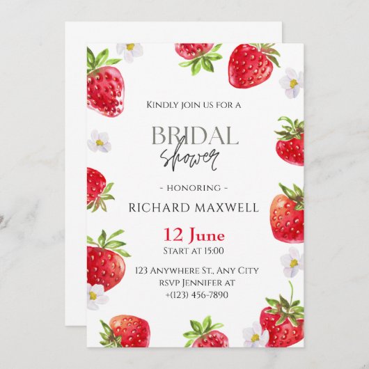 Waterverf Aardbei Bruids Douche Invitation Kaart (Voorkant / Achterkant)