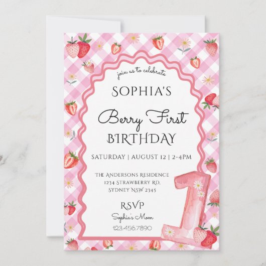 Waterverf Aardbei Eerste 1e Verjaardag Kaart (Voorkant)