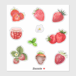 Waterverf Aardbei Fruit, Jam en Bloemen Sticker