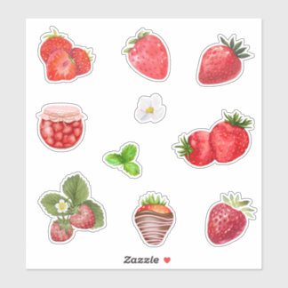Waterverf Aardbei Fruit, Jam en Bloemen  Sticker