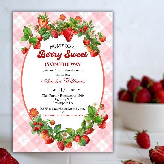 Waterverf Aardbei Roze Gingham Bes Zoet Kaart