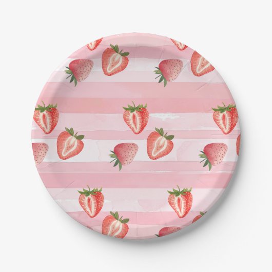 Waterverf Aardbei roze strepen Papieren Bordje (Voorkant)