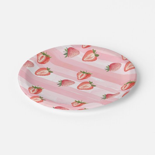 Waterverf Aardbei roze strepen Papieren Bordje (Gekanteld)