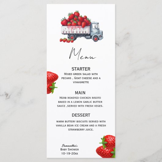 Waterverf aardbei rustiek baby shower menu (Voorkant)