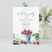 Waterverf Aardbei verjaardagsfeestje uitnodigingen (Staand voorkant)