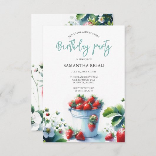 Waterverf Aardbei verjaardagsfeestje uitnodigingen (Voorkant / Achterkant)