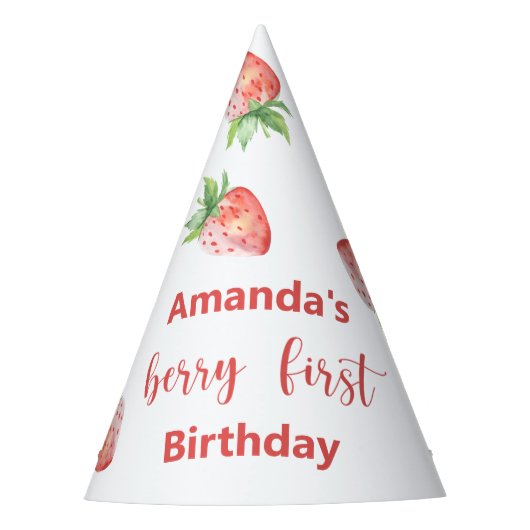 Waterverf aardbeien 1e verjaardagsfeestje feesthoedjes (Voorkant)