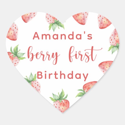 Waterverf aardbeien 1e verjaardagsfeestje hart sticker (Voorkant)