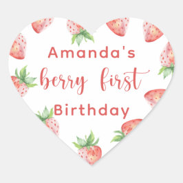 Waterverf aardbeien 1e verjaardagsfeestje hart sticker