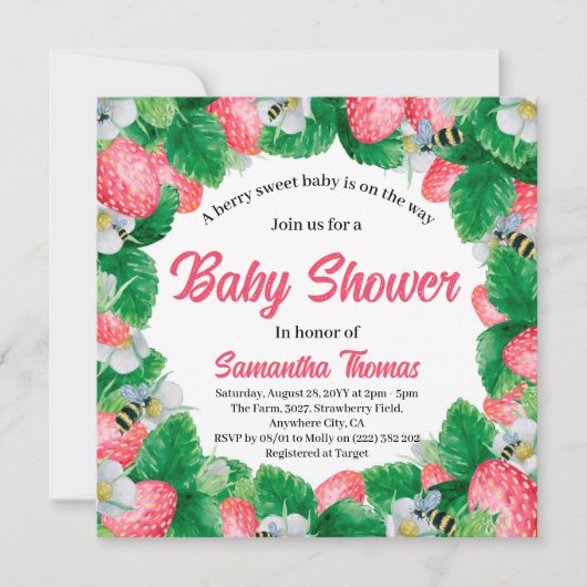 Waterverf Aardbeien Berry Sweet Baby shower Kaart (Voorkant)