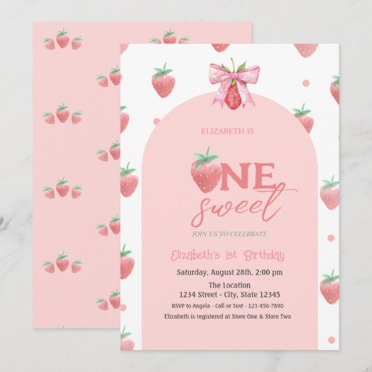 Waterverf Aardbeien Boog Twee Zoete 1e Verjaardag Kaart (Voorkant / Achterkant)