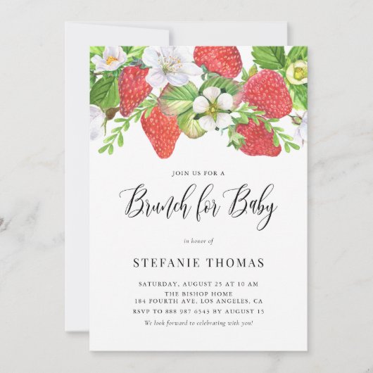 Waterverf aardbeien botanische Baby Brunch Kaart (Voorkant)
