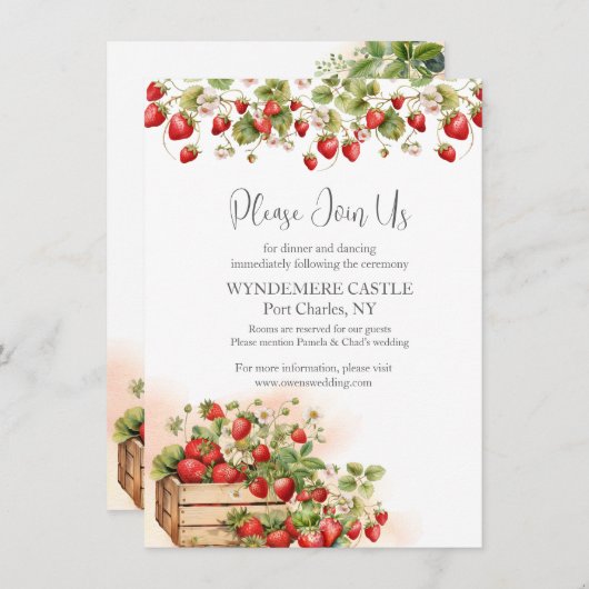 Waterverf aardbeien bruiloft informatiekaartje (Voorkant / Achterkant)