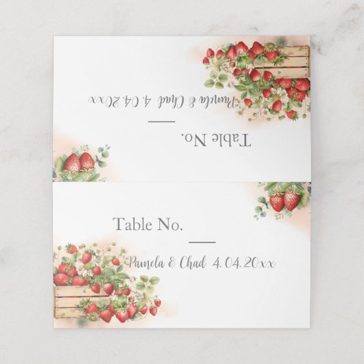 Waterverf aardbeien bruiloft plaatskaartje (Buitenkant ongevouwen)