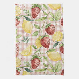 Waterverf Aardbeien & Citroenen op Roze Geruit Theedoek