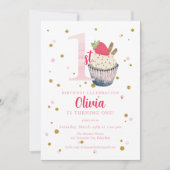 Waterverf Aardbeien Cupcake 1e Verjaardag Invitat Kaart (Voorkant)