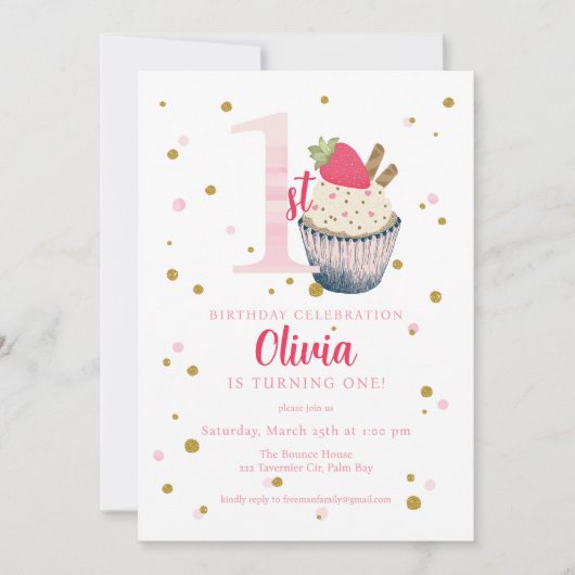 Waterverf Aardbeien Cupcake 1e Verjaardag Invitat Kaart (Voorkant)