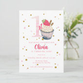 Waterverf Aardbeien Cupcake 1e Verjaardag Invitat Kaart (Staand voorkant)