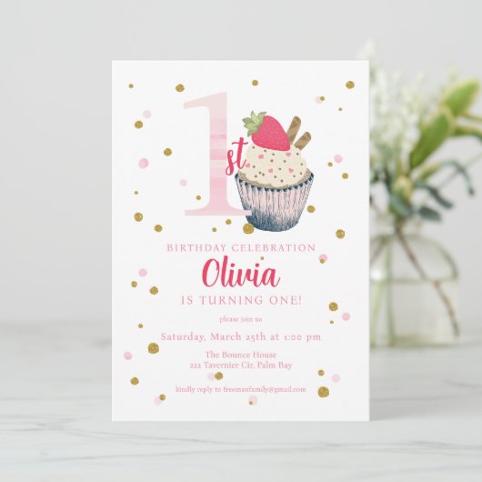 Waterverf Aardbeien Cupcake 1e Verjaardag Invitat Kaart (Staand voorkant)