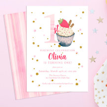 Waterverf Aardbeien Cupcake 1e Verjaardag Invitat