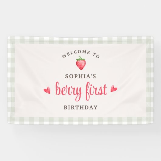 Waterverf aardbeien eerste verjaardag welkom spandoek (Horizontaal)