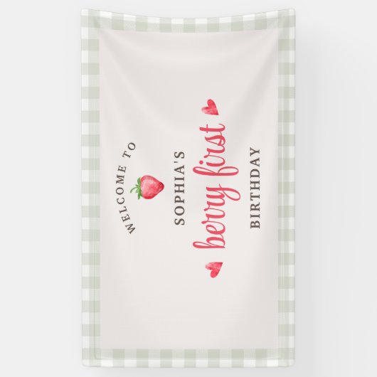 Waterverf aardbeien eerste verjaardag welkom spandoek (Verticaal)