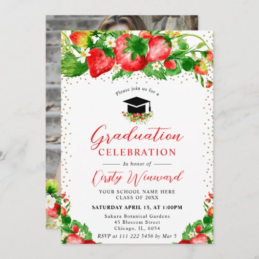 Waterverf Aardbeien en bloemen Afstuderen Kaart (Voorkant / Achterkant)