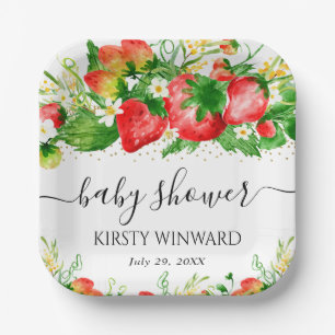 Waterverf Aardbeien en Bloemen Baby Shower Papieren Bordje