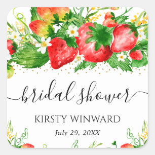 Waterverf Aardbeien en Bloemen Bruidsdouche Vierkante Sticker