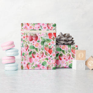 Waterverf Aardbeien en Roze Bloemen Cadeaupapier