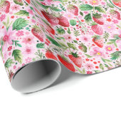 Waterverf Aardbeien en Roze Bloemen Cadeaupapier (Rol Hoek)