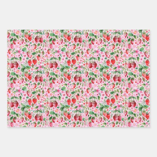 Waterverf Aardbeien en Roze en Rode Gingham Inpakpapier Vel (Voorkant)