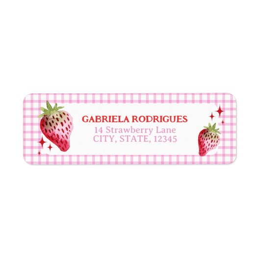 Waterverf aardbeien en roze gingham controles etiket (Voorkant)