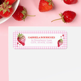 Waterverf aardbeien en roze gingham controles etiket
