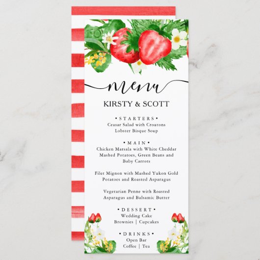 Waterverf aardbeien en witte bloemen bruiloft menu (Voorkant / Achterkant)