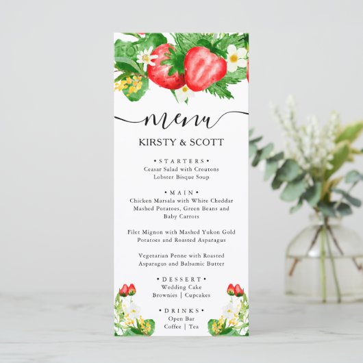Waterverf aardbeien en witte bloemen bruiloft menu (Staand voorkant)