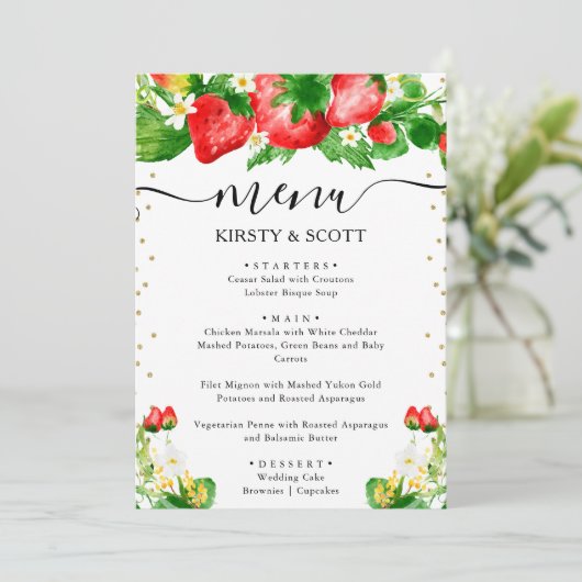 Waterverf aardbeien en witte bloemen bruiloft menu (Staand voorkant)